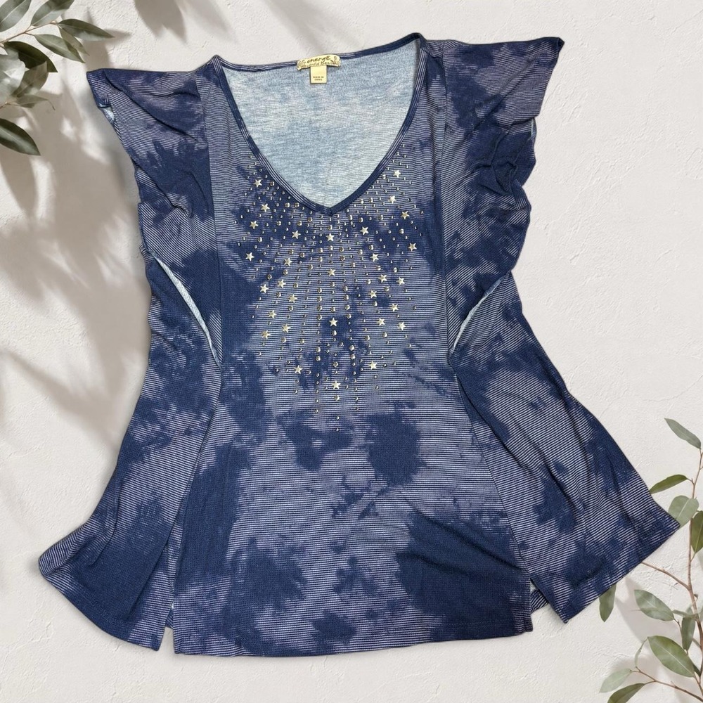 Energe World Wear Blue Tie Dye Star Studded Top Y2K Sheer Celestial Small